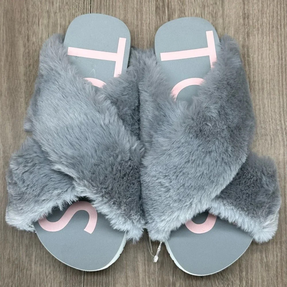TOMS Slippers Womens Size 8 Susie Eva Faux Fur Criss Cross Slip On Slide Gray